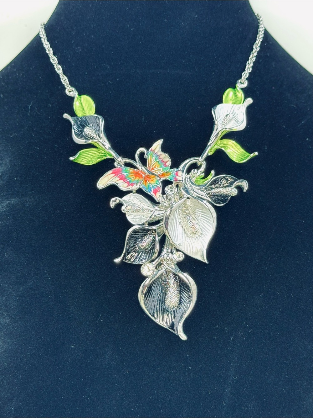 Silver Floral Calla Lily & Butterfly Multicolor Enamel Drop Statement Necklace